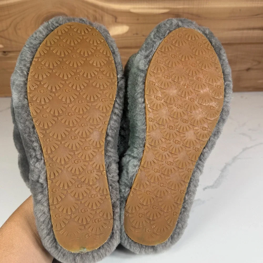 UGG Fluff Yeah Slide Charcoal Grey Kids Sheepskin Sandals Girl 2 Cozy Winter